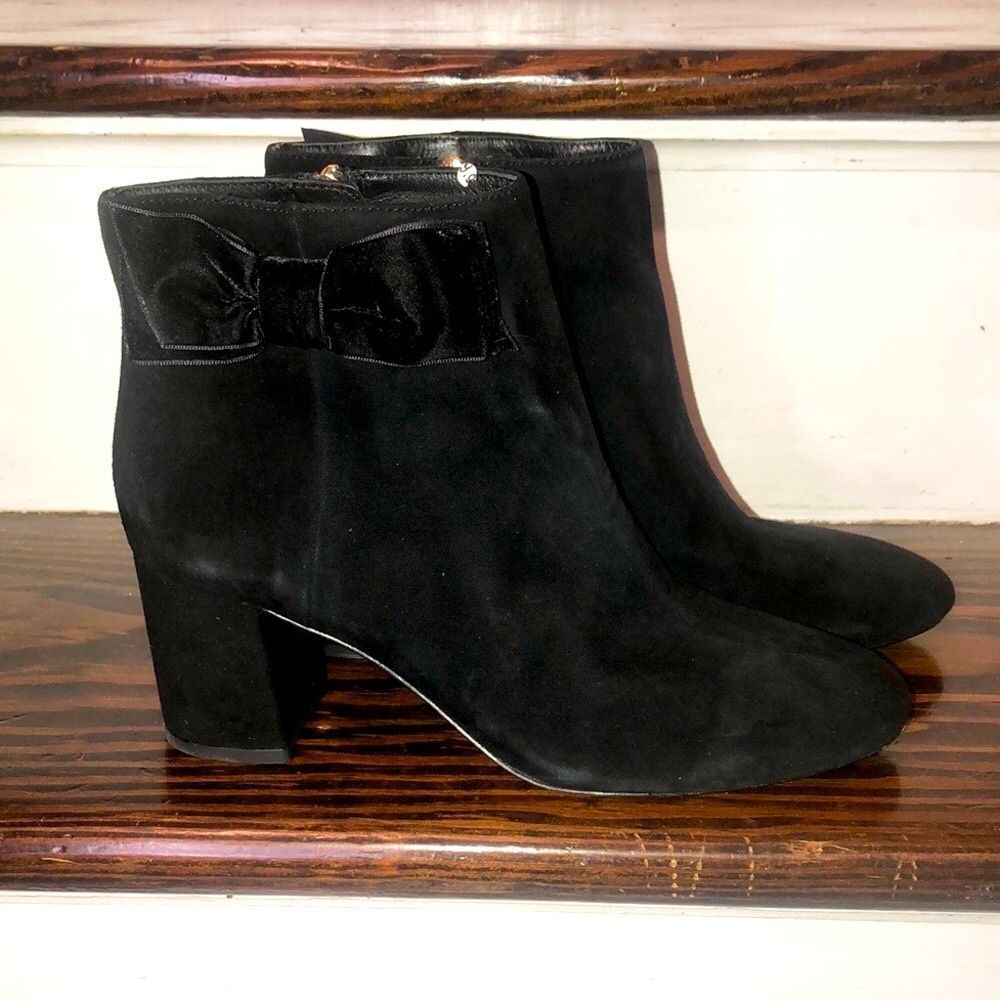 KATE SPADE Black Suede Zip Up Ankle Boots with Bows Sz 8 NWT